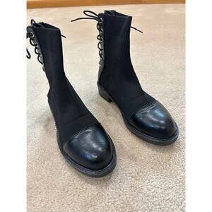 Black knit stretchy sock ankle boots with back lace up